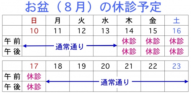 8月の休診予定2014 ふじい皮ふ科 大阪市 東成区