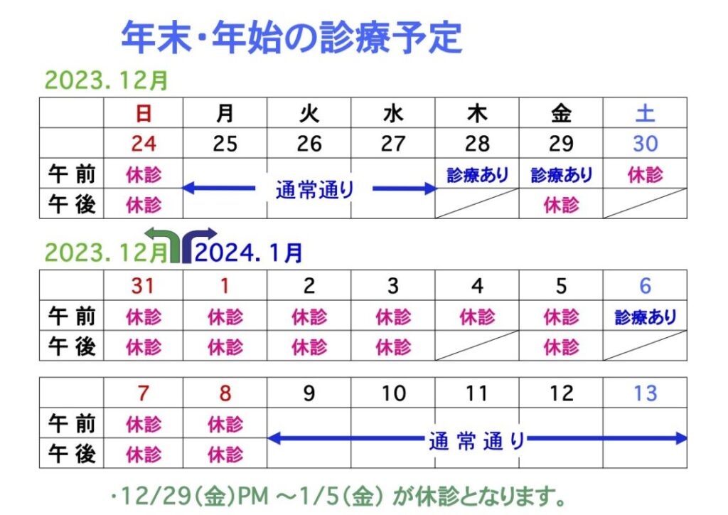 年末・年始の診療予定2023-24　ふじい皮ふ科　大阪市　東成区　天王寺区　中央区